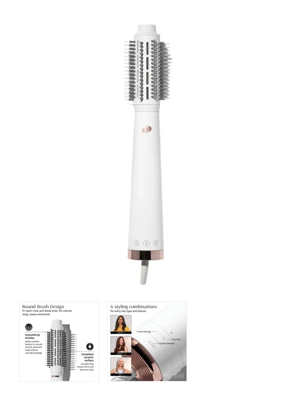 T3 Dual-Head Hot Air Styling Brush in White with Rose Gold Trim